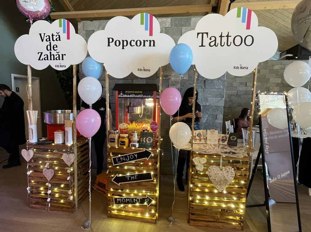 Trio magic la petreceri private in Iasi: vata de zahar, popcorn, tatuaje temporare
